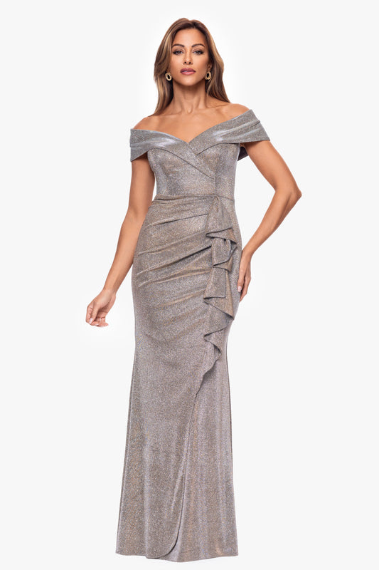 "Raveena" Foil Knit Ruffle Dress Sand