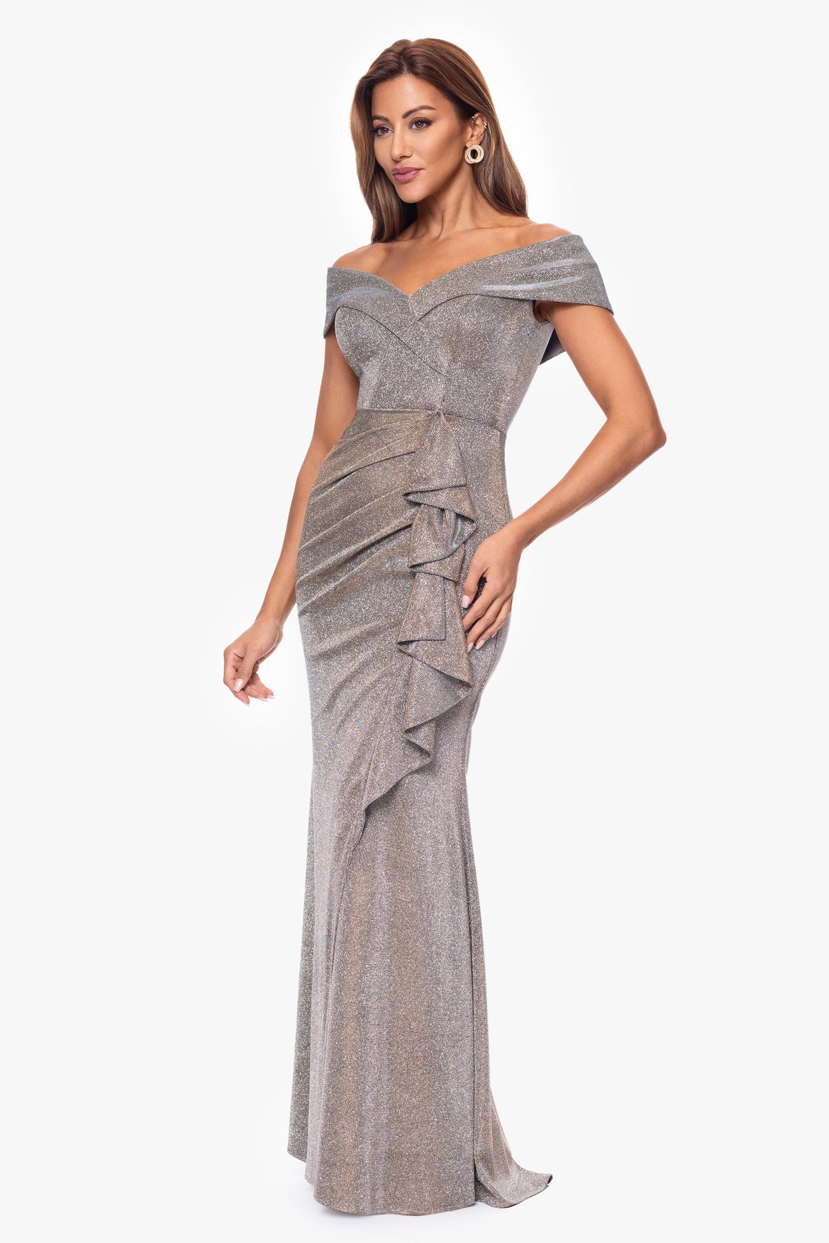 "Raveena" Foil Knit Ruffle Dress Sand