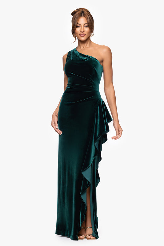"Gemma" Stretch Velvet One Shoulder Ruffle Dress Hunter