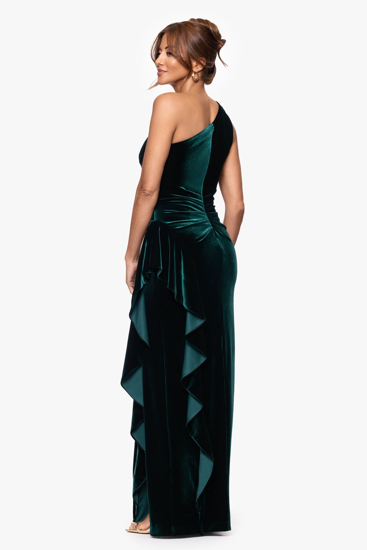 "Gemma" Stretch Velvet One Shoulder Ruffle Dress Hunter