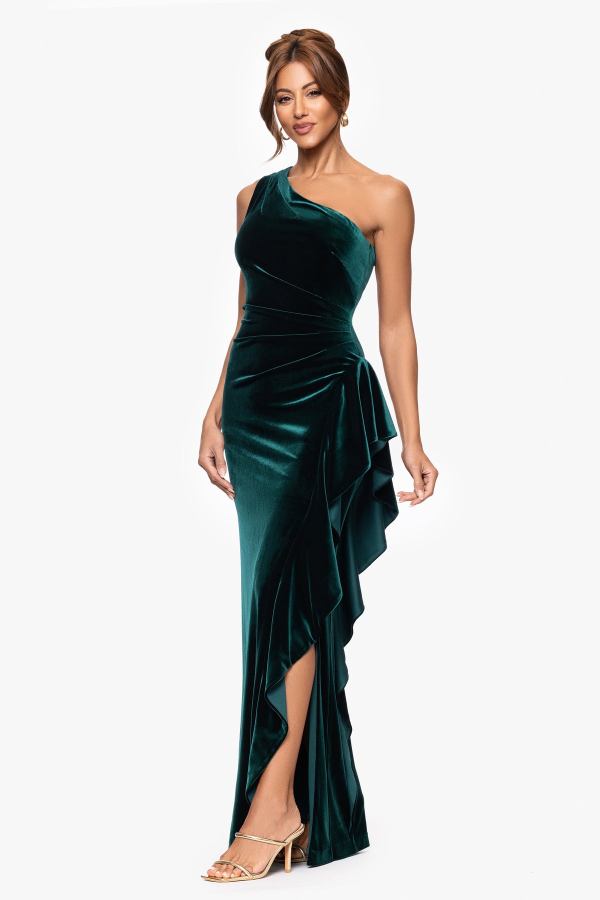 "Gemma" Stretch Velvet One Shoulder Ruffle Dress Hunter
