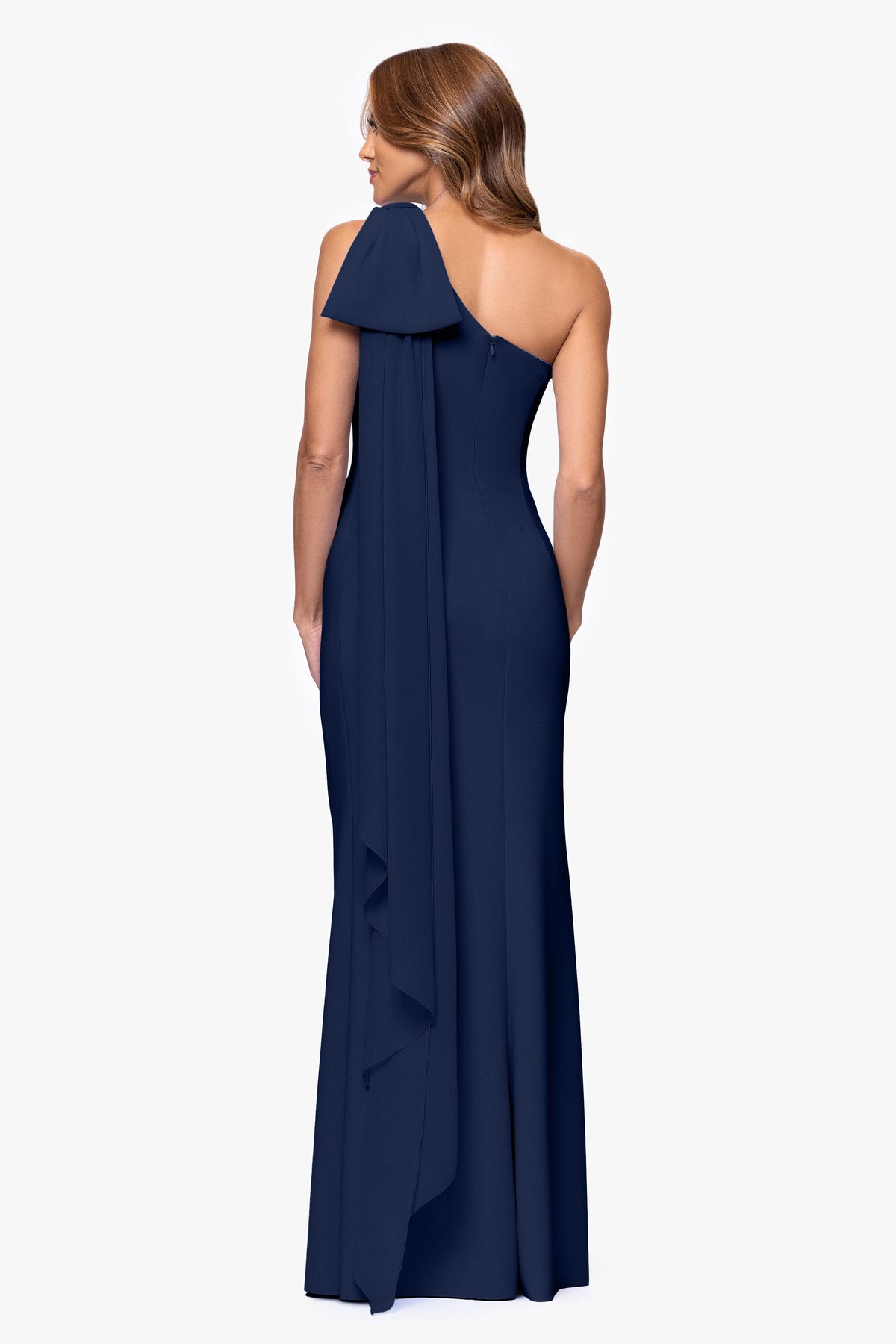 Petite "Gwen" Techno Scuba One Shoulder Sash Dress Midnight