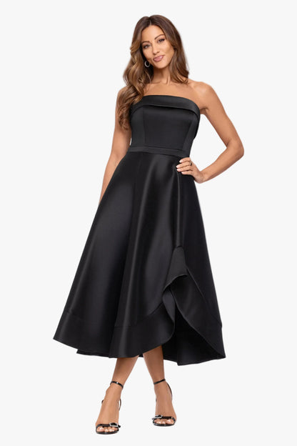 "Claire" Stretch Mikado Strapless Midi Dress Black