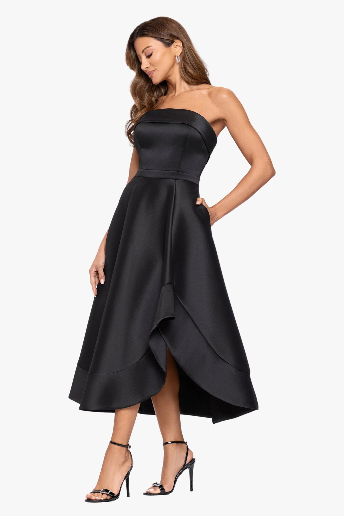 "Claire" Stretch Mikado Strapless Midi Dress Black