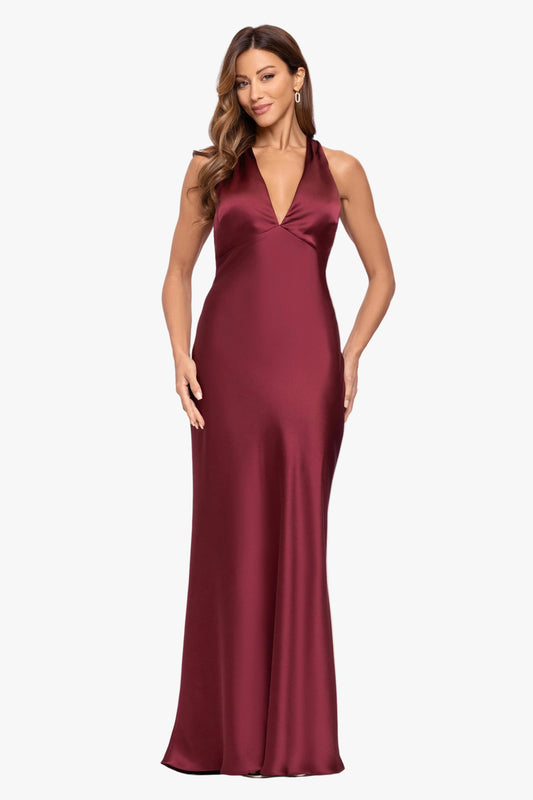 "Jade" Satin Tie Neck Ruched Dress Wine