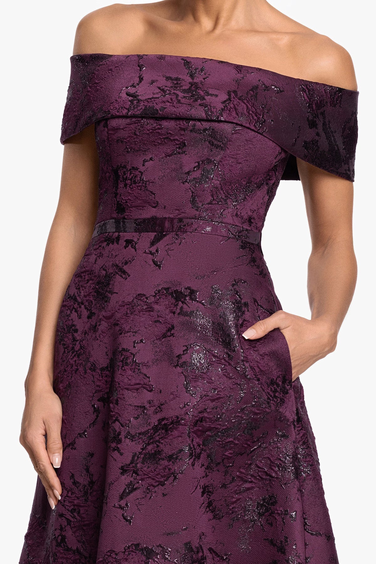 Petite "Emily" Printed Brocade Off The Shoulder Gown Plum