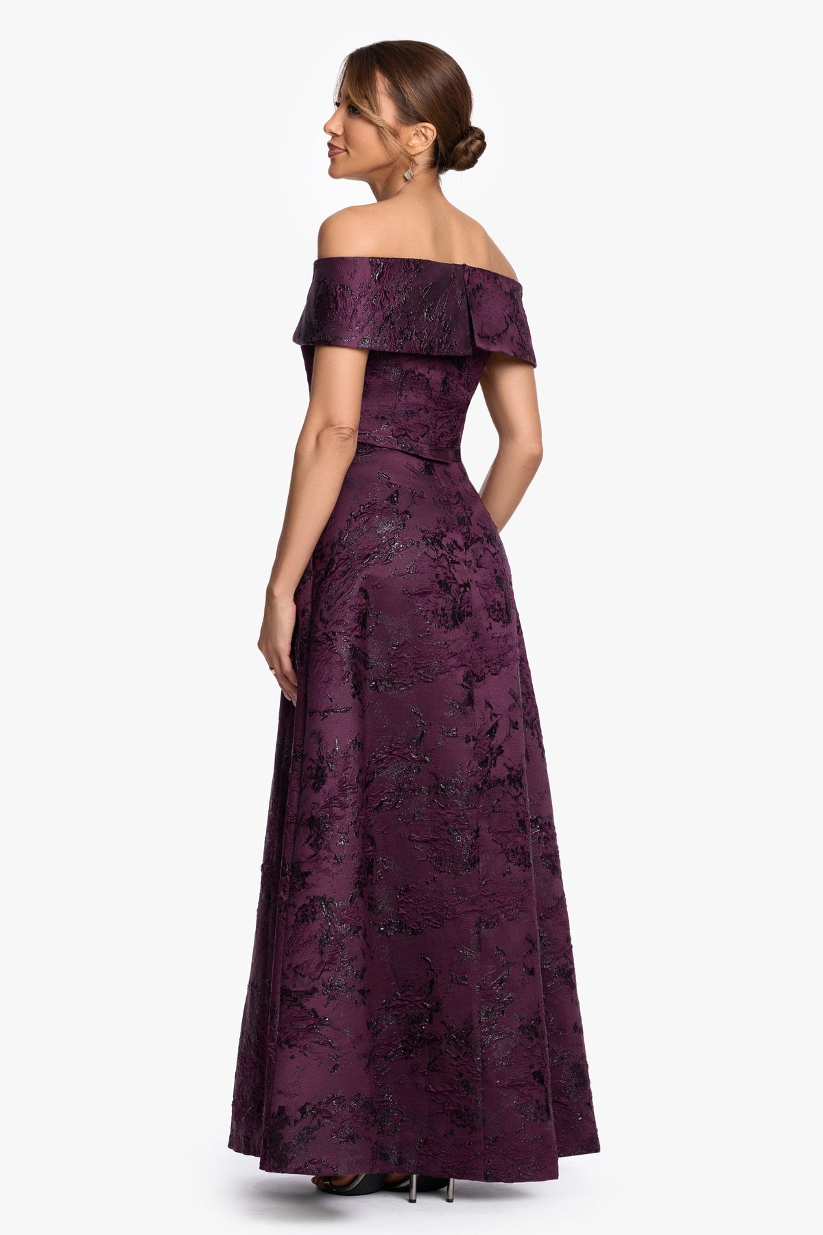 Petite "Emily" Printed Brocade Off The Shoulder Gown Plum
