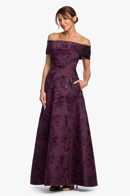 Petite "Emily" Printed Brocade Off The Shoulder Gown Plum