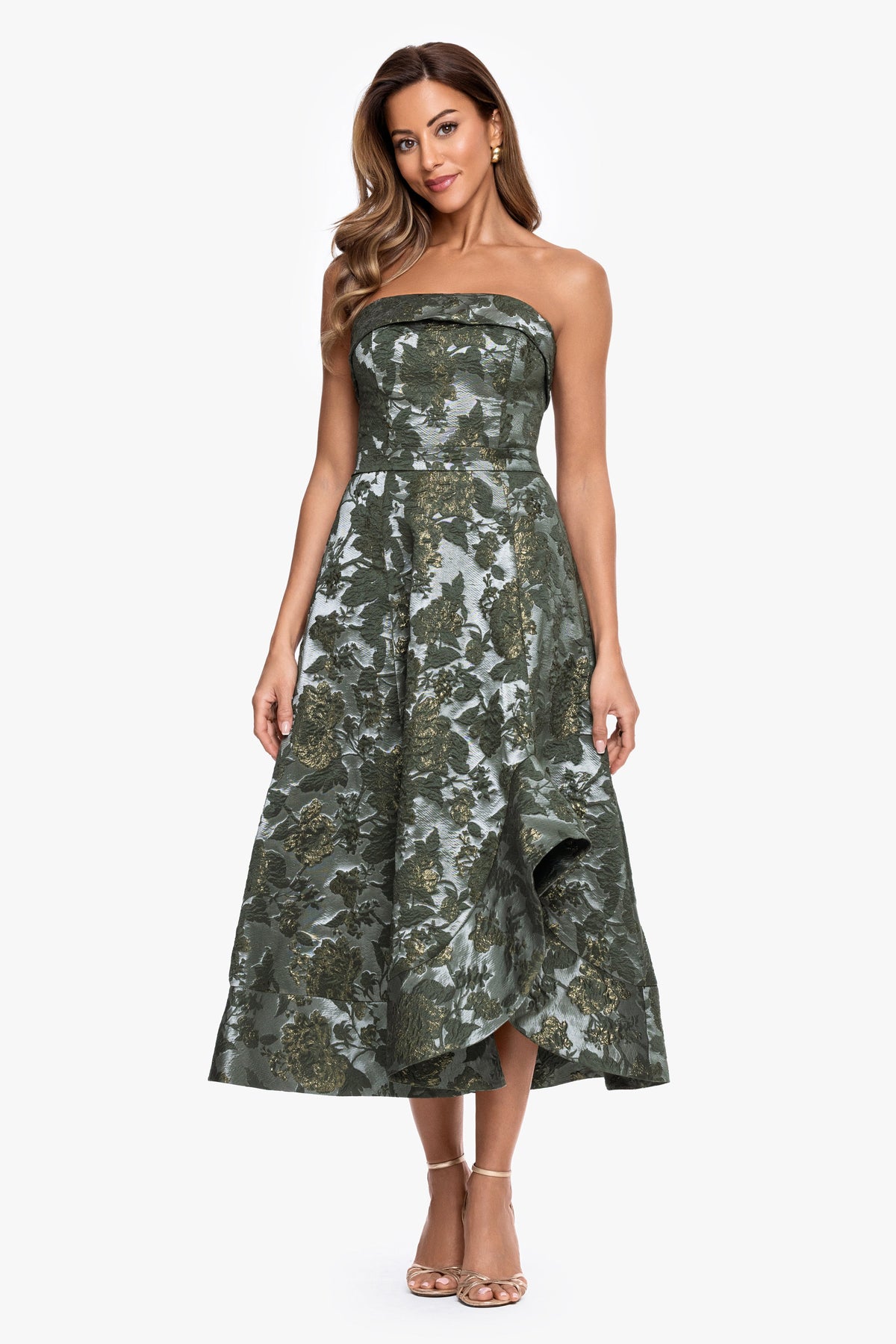 Petite "Valentina" Brocade Strapless Midi Dress Olive/Gold