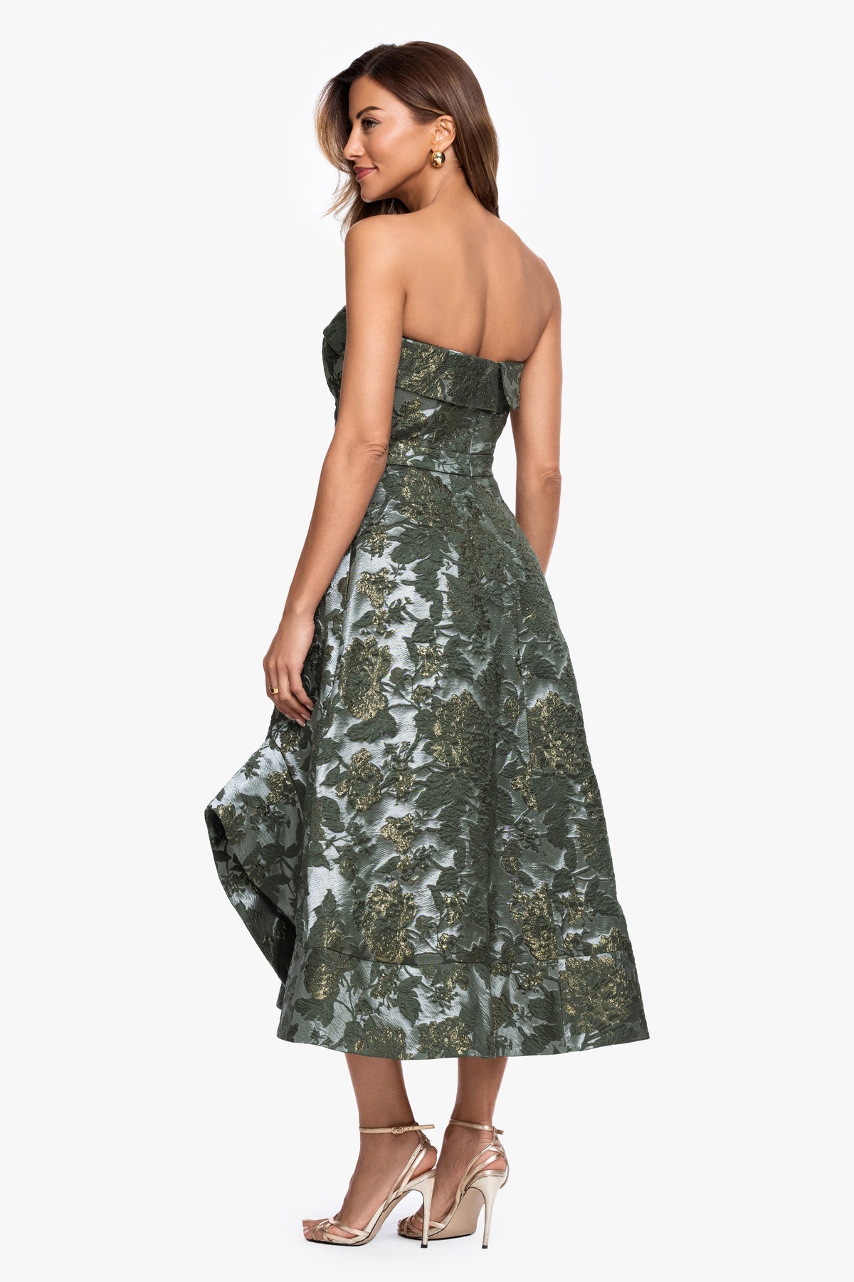 Petite "Valentina" Brocade Strapless Midi Dress Olive/Gold
