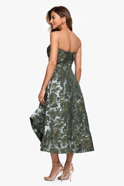 Petite "Valentina" Brocade Strapless Midi Dress Olive/Gold