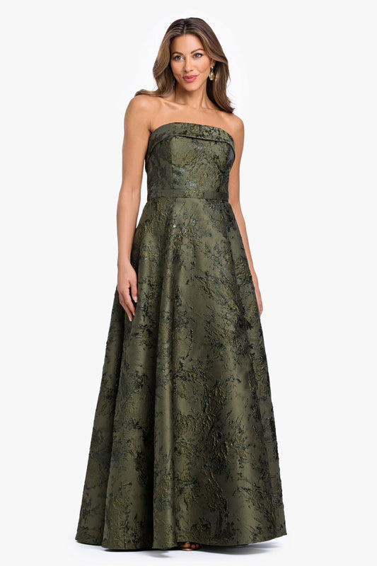 "Nadine" Brocade Strapless Gown Olive