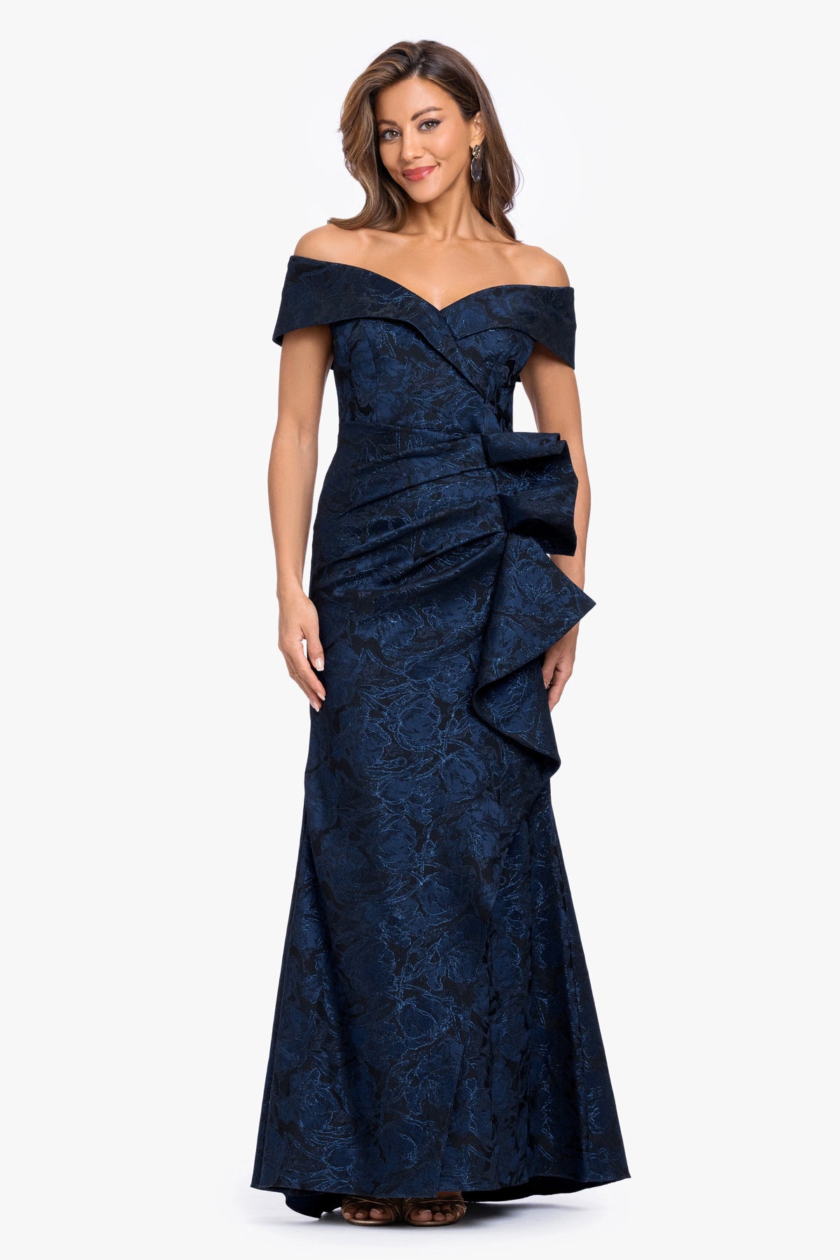 "Bonnie" Brocade Off The Shoulder Side Ruffle Navy/Black