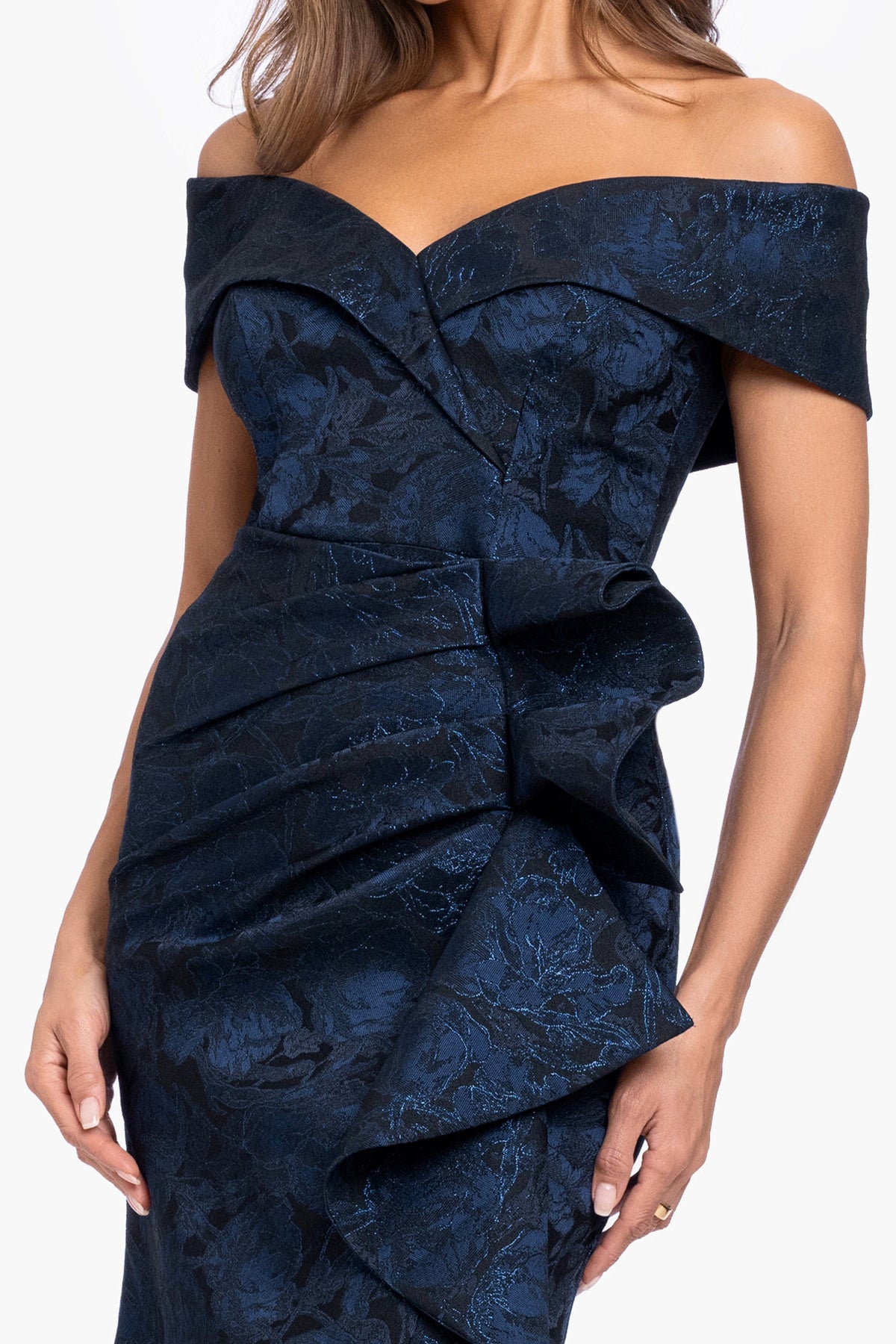 "Bonnie" Brocade Off The Shoulder Side Ruffle Navy/Black