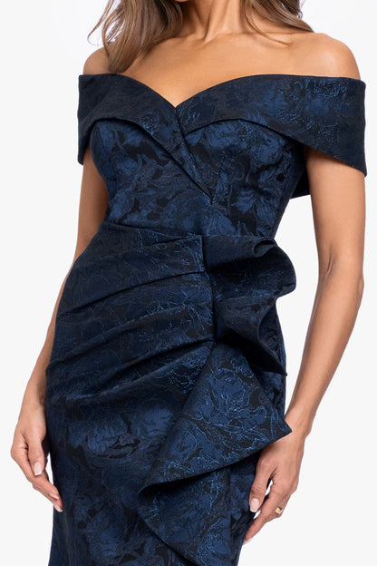 "Bonnie" Brocade Off The Shoulder Side Ruffle Navy/Black