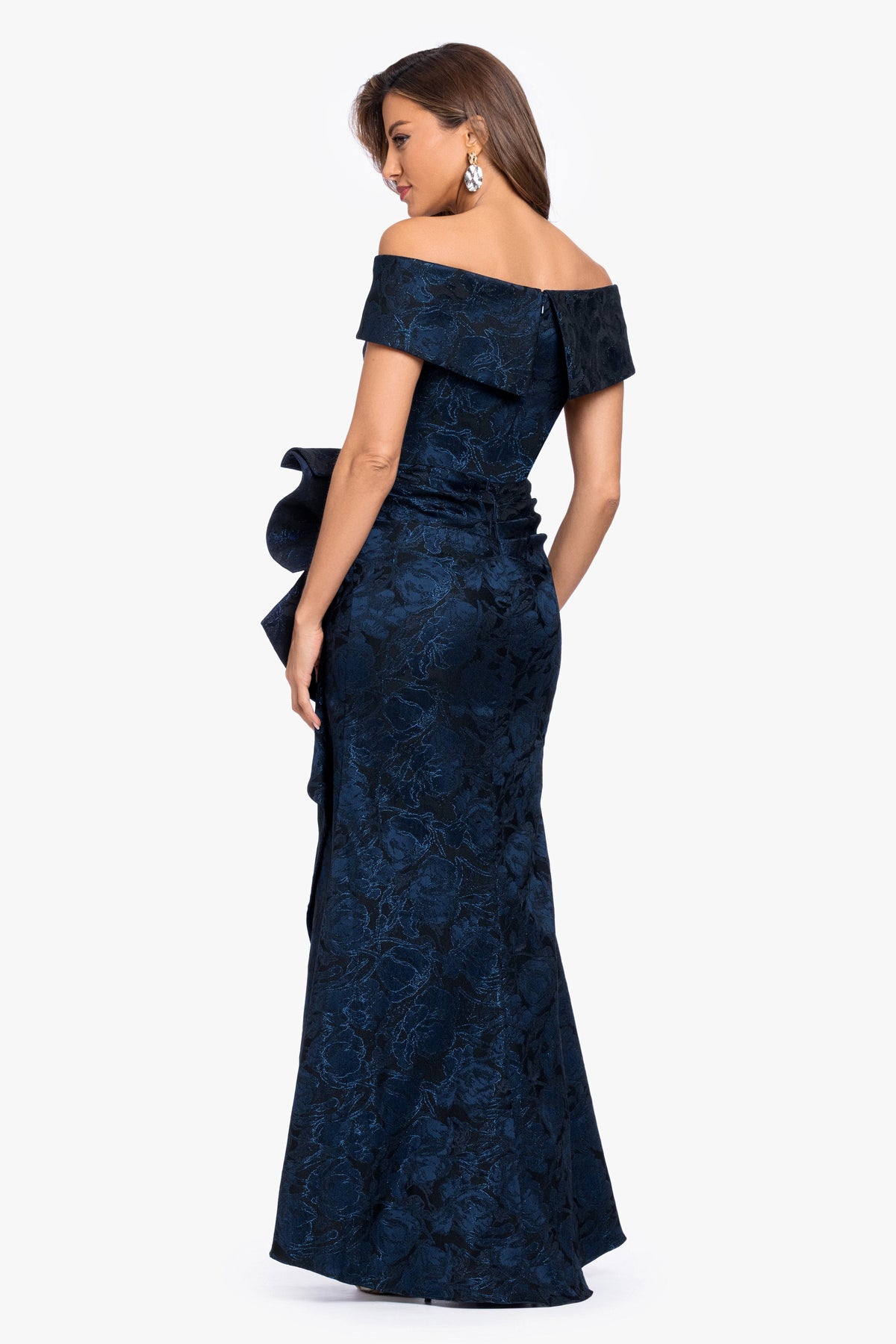 "Bonnie" Brocade Off The Shoulder Side Ruffle Navy/Black