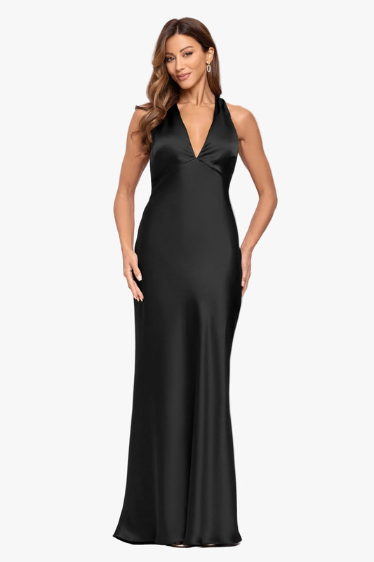 "Jade" Satin Tie Neck Ruched Dress Black