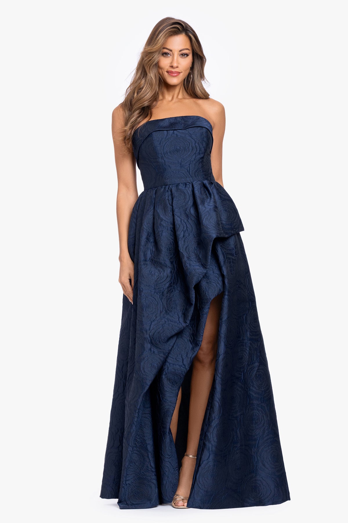 "Theo" Brocade Strapless Ruffle Dress Navy