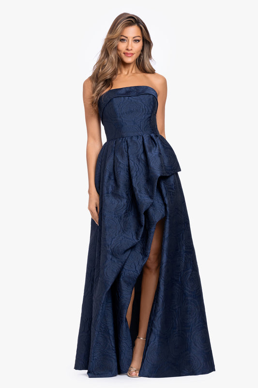 "Theo" Brocade Strapless Ruffle Dress Navy