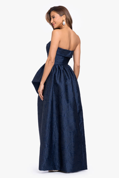"Theo" Brocade Strapless Ruffle Dress Navy