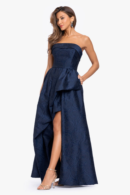"Theo" Brocade Strapless Ruffle Dress Navy