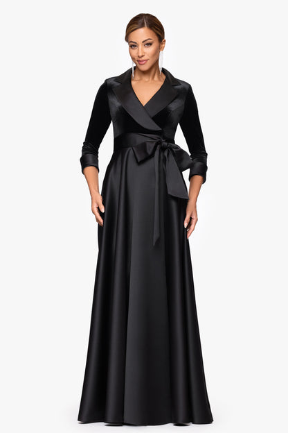 "Lucy" Velvet Top & Satin Skirt Tuxedo Dress Black