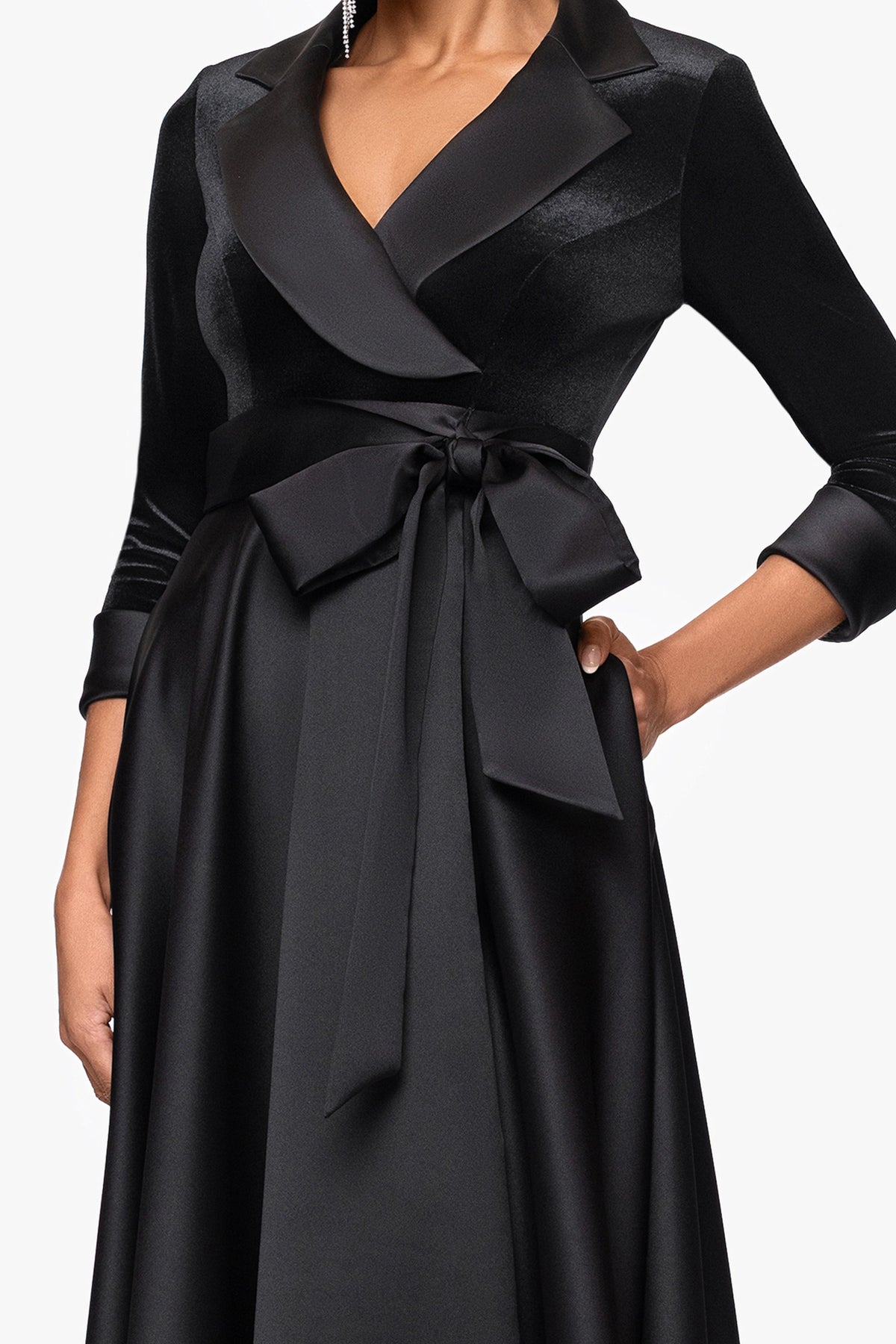 "Lucy" Velvet Top & Satin Skirt Tuxedo Dress Black