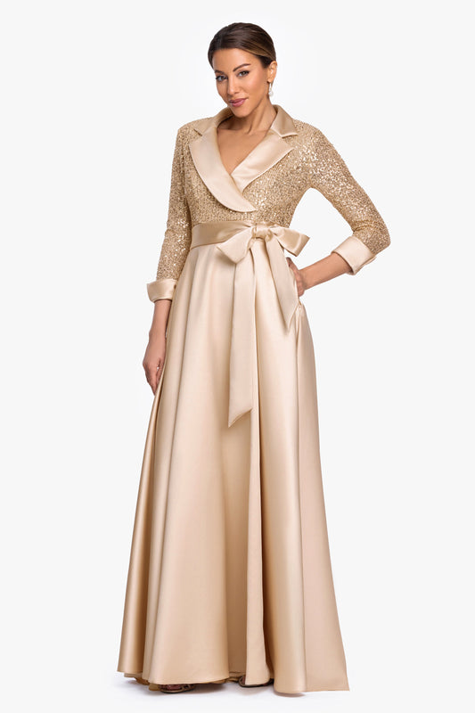 "Megan" Tuxedo Sequin & Lamour Satin Ballgown Gold