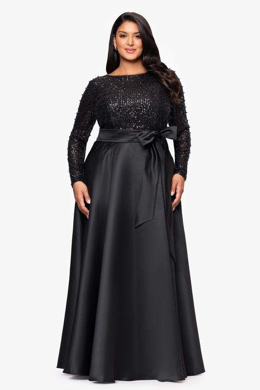 Plus "Amanda" Sequin Top & Satin Skirt Dress Black