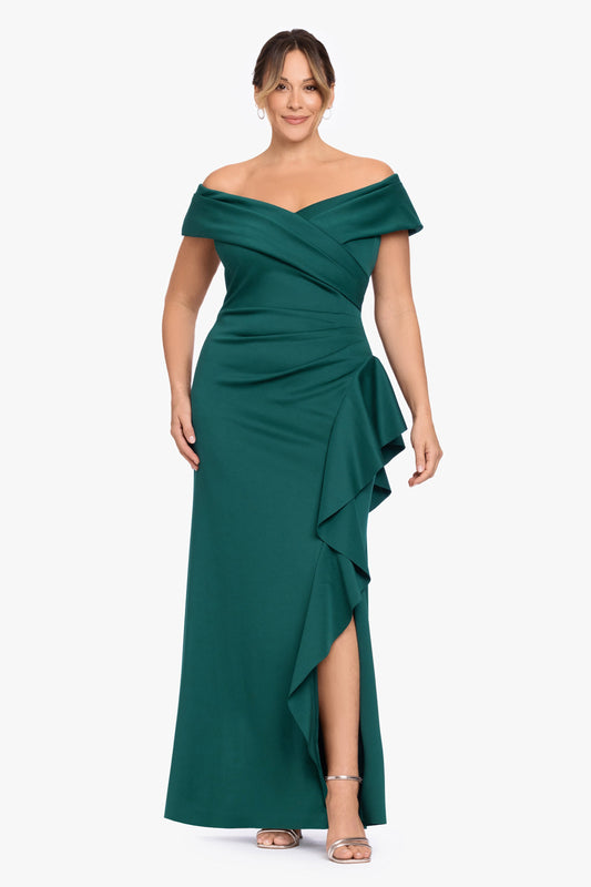 Plus "Pearl" Techno Scuba Off the Shoulder Ruffle Dress Hunter