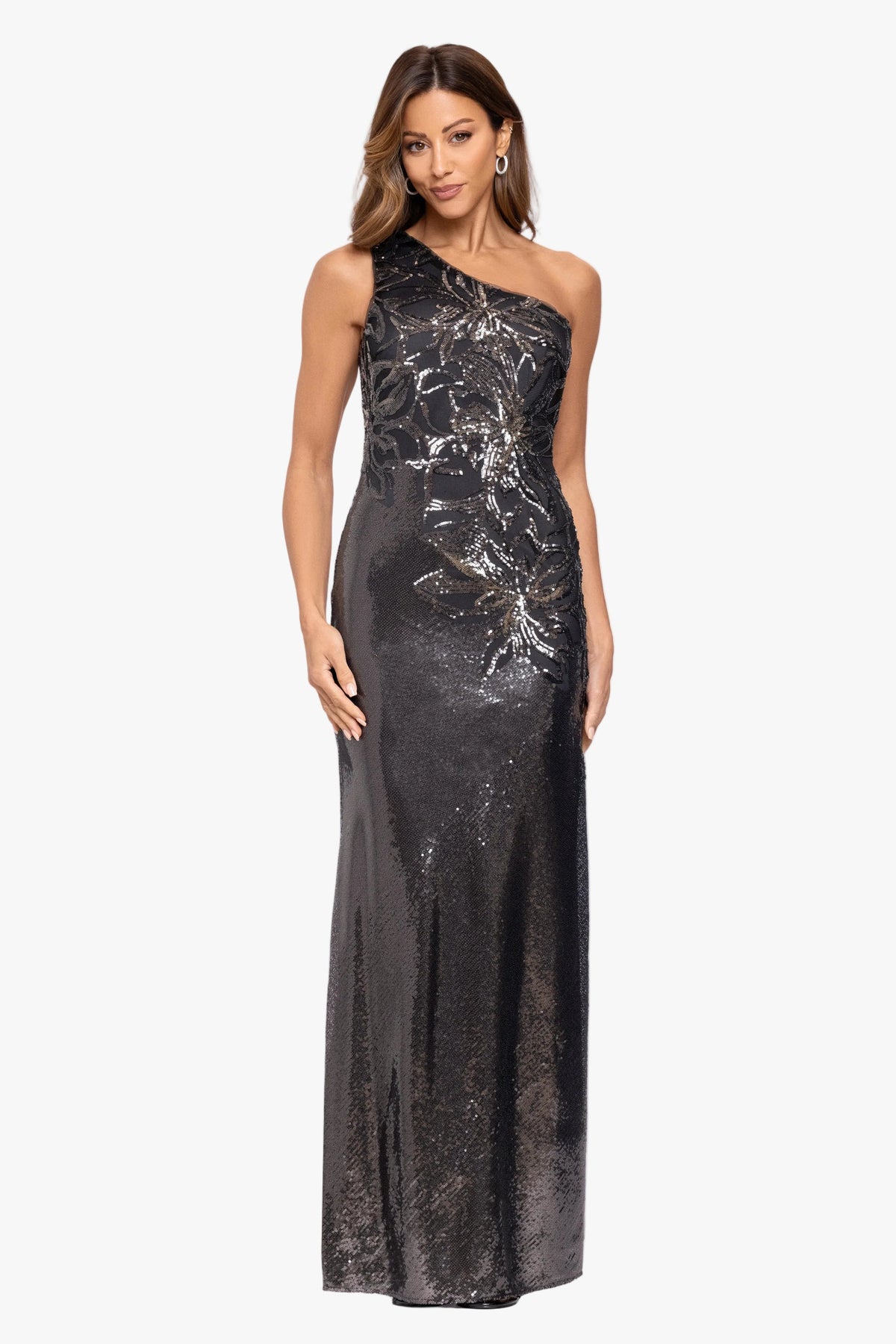 "Aubrey" Sequin One Shoulder Placement Dress Gunmetal