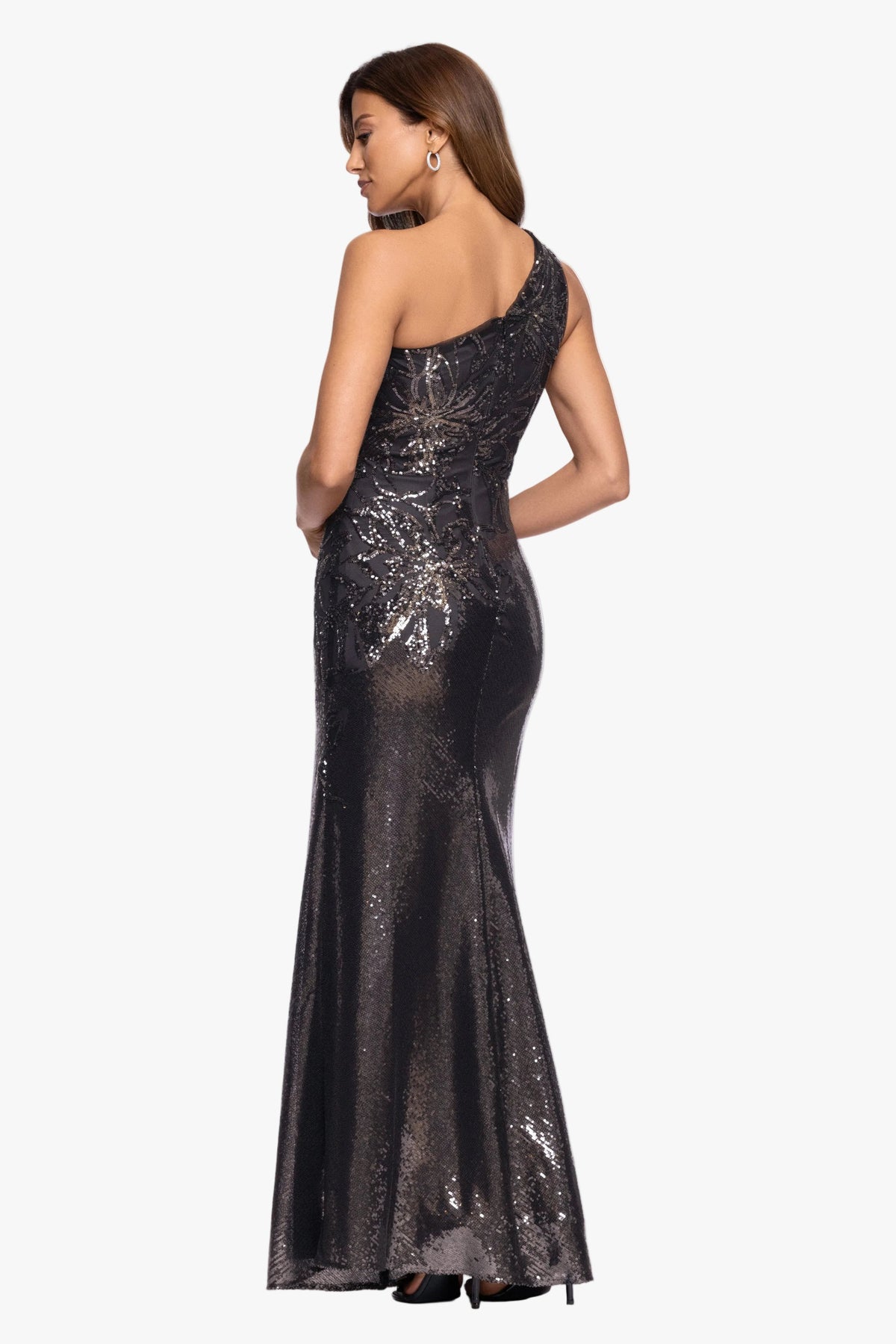 "Aubrey" Sequin One Shoulder Placement Dress Gunmetal