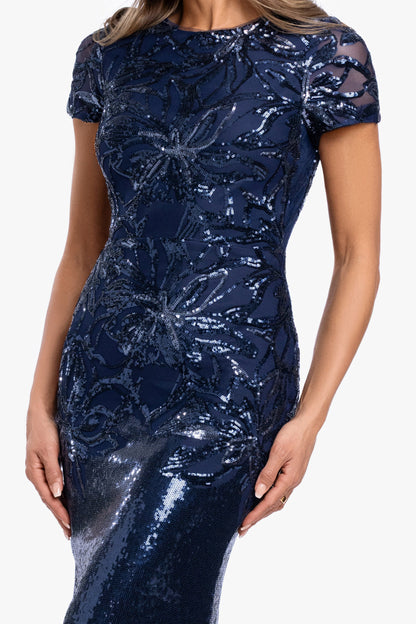 "Violet" Sequin Cap Sleeve Gown Navy