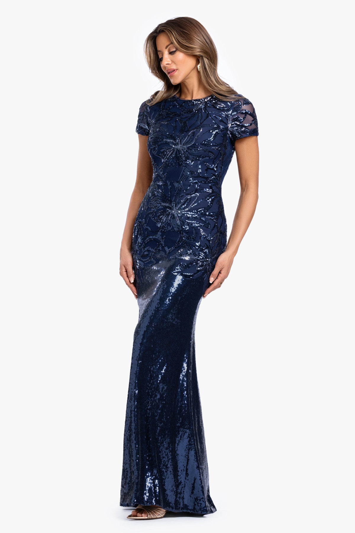 "Violet" Sequin Cap Sleeve Gown Navy