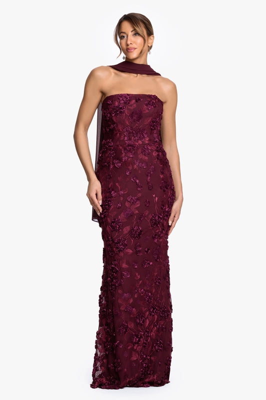 "" Soutache Mesh Strapless Dress With Chiffon Scarf Wine
