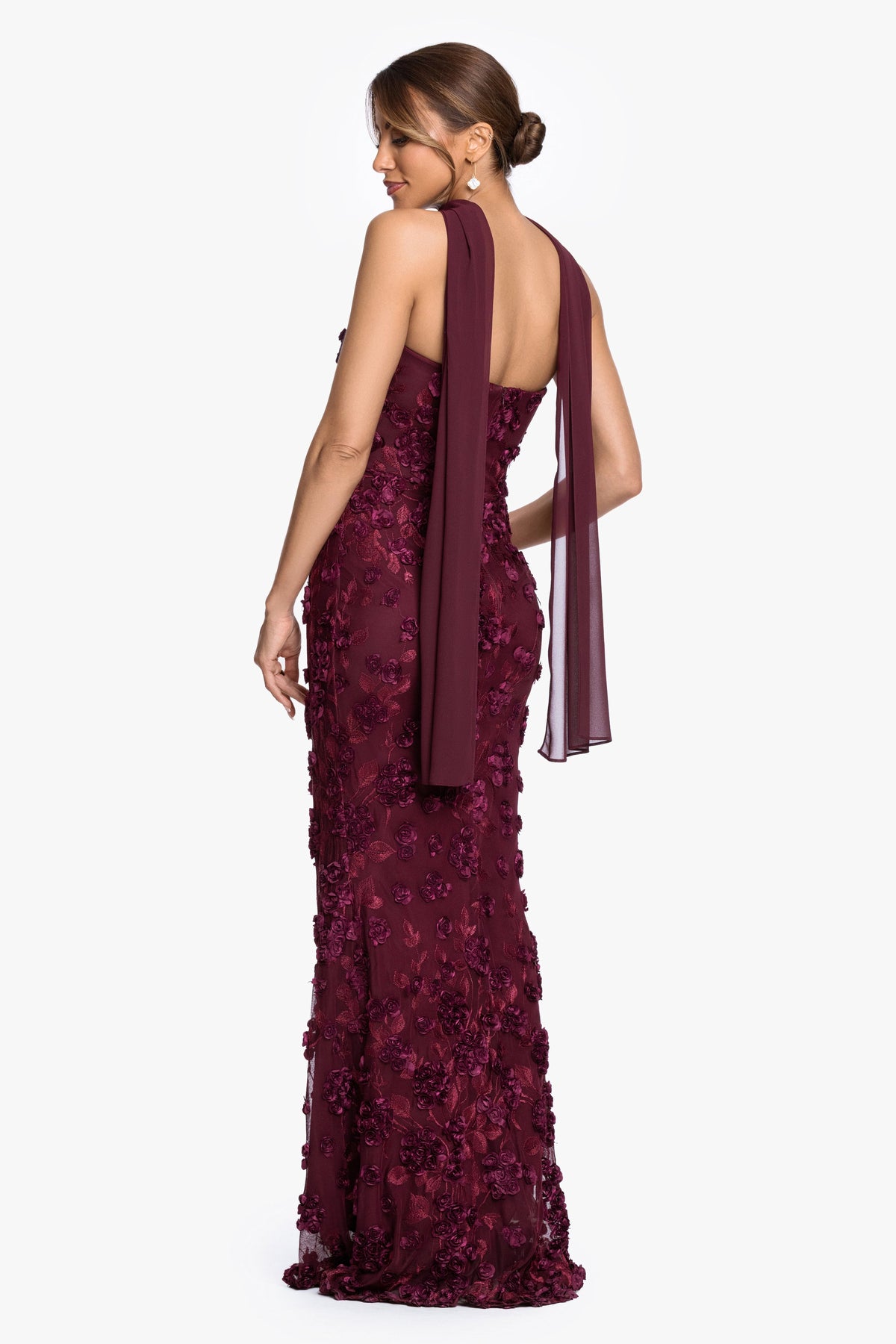 "" Soutache Mesh Strapless Dress With Chiffon Scarf Wine