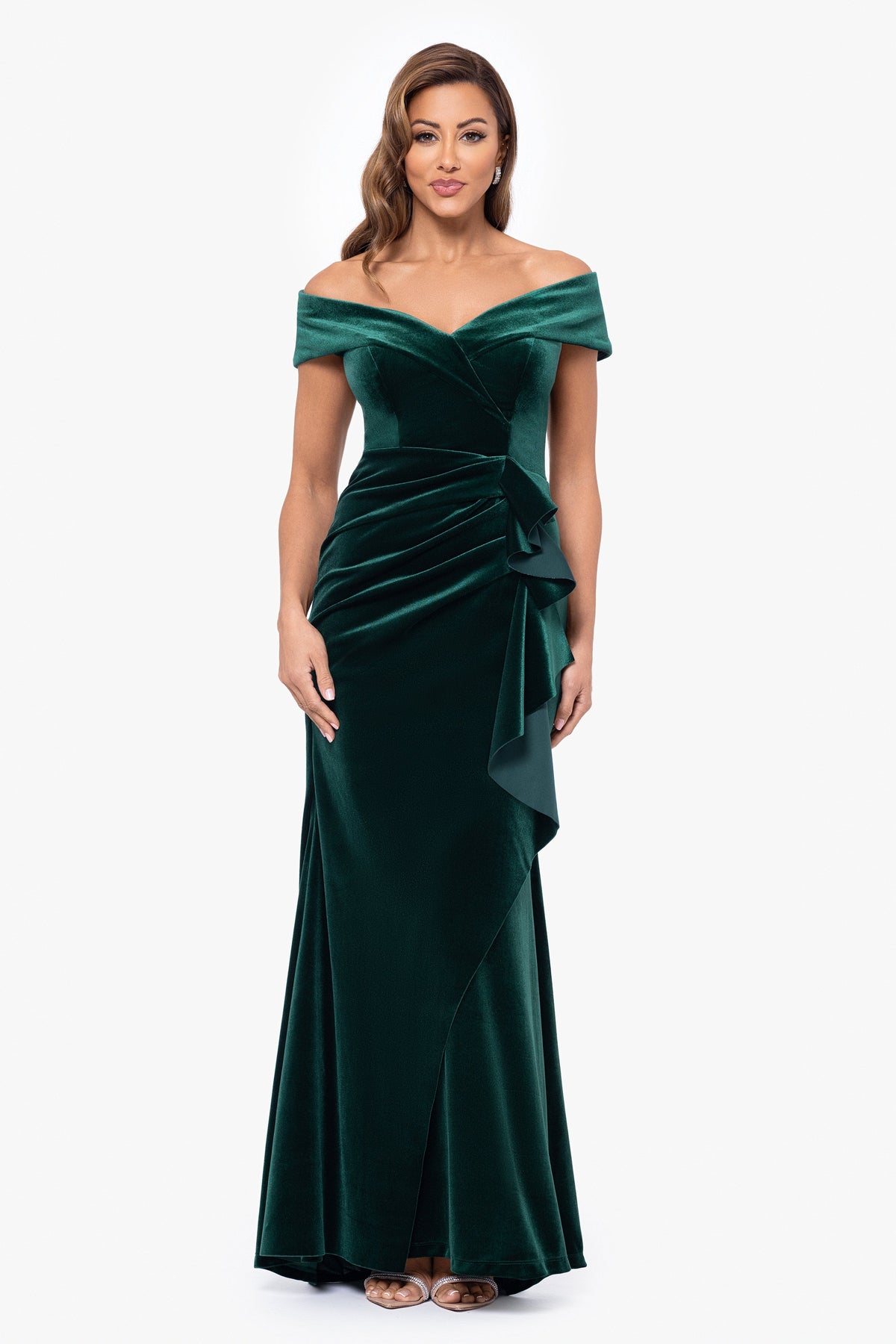 Petite "Alana" Long Off The Shoulder Velvet Ruffle Dress Hunter