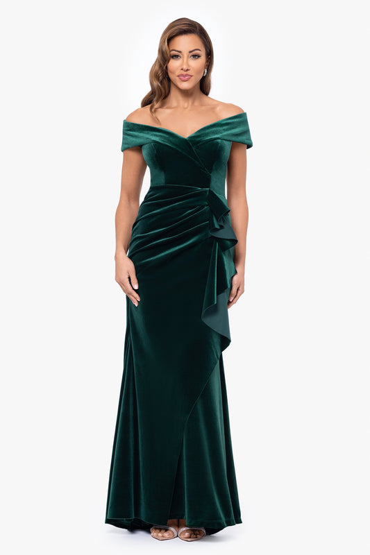 Petite "Alana" Long Off The Shoulder Velvet Ruffle Dress Hunter