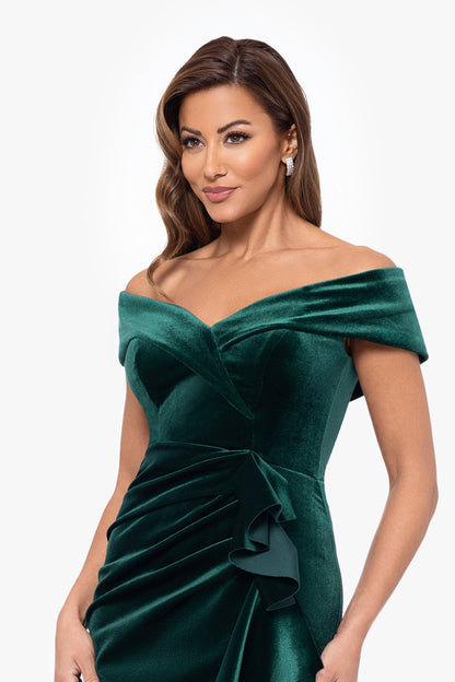 Petite "Alana" Long Off The Shoulder Velvet Ruffle Dress Hunter
