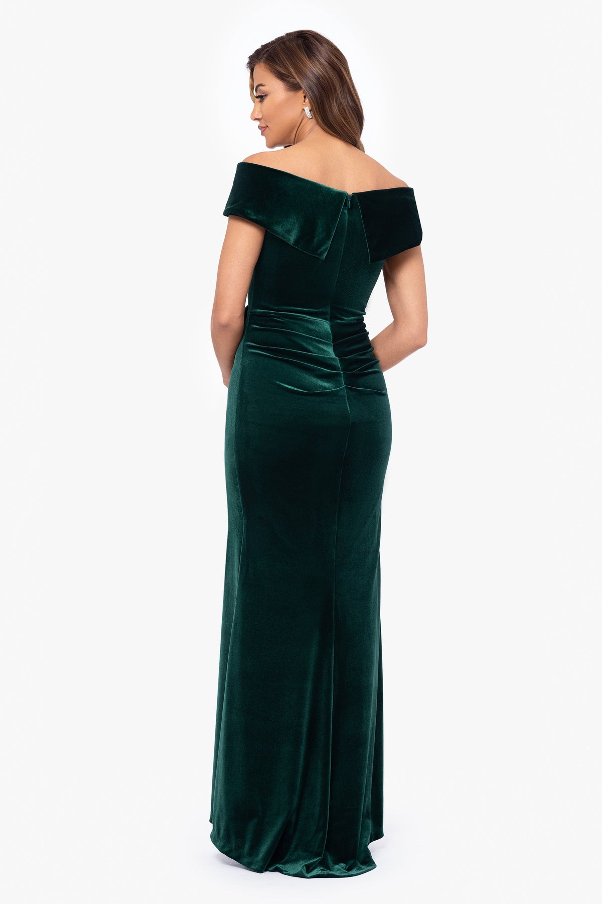 Petite "Alana" Long Off The Shoulder Velvet Ruffle Dress Hunter