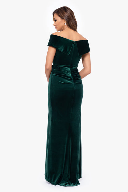 Petite "Alana" Long Off The Shoulder Velvet Ruffle Dress Hunter