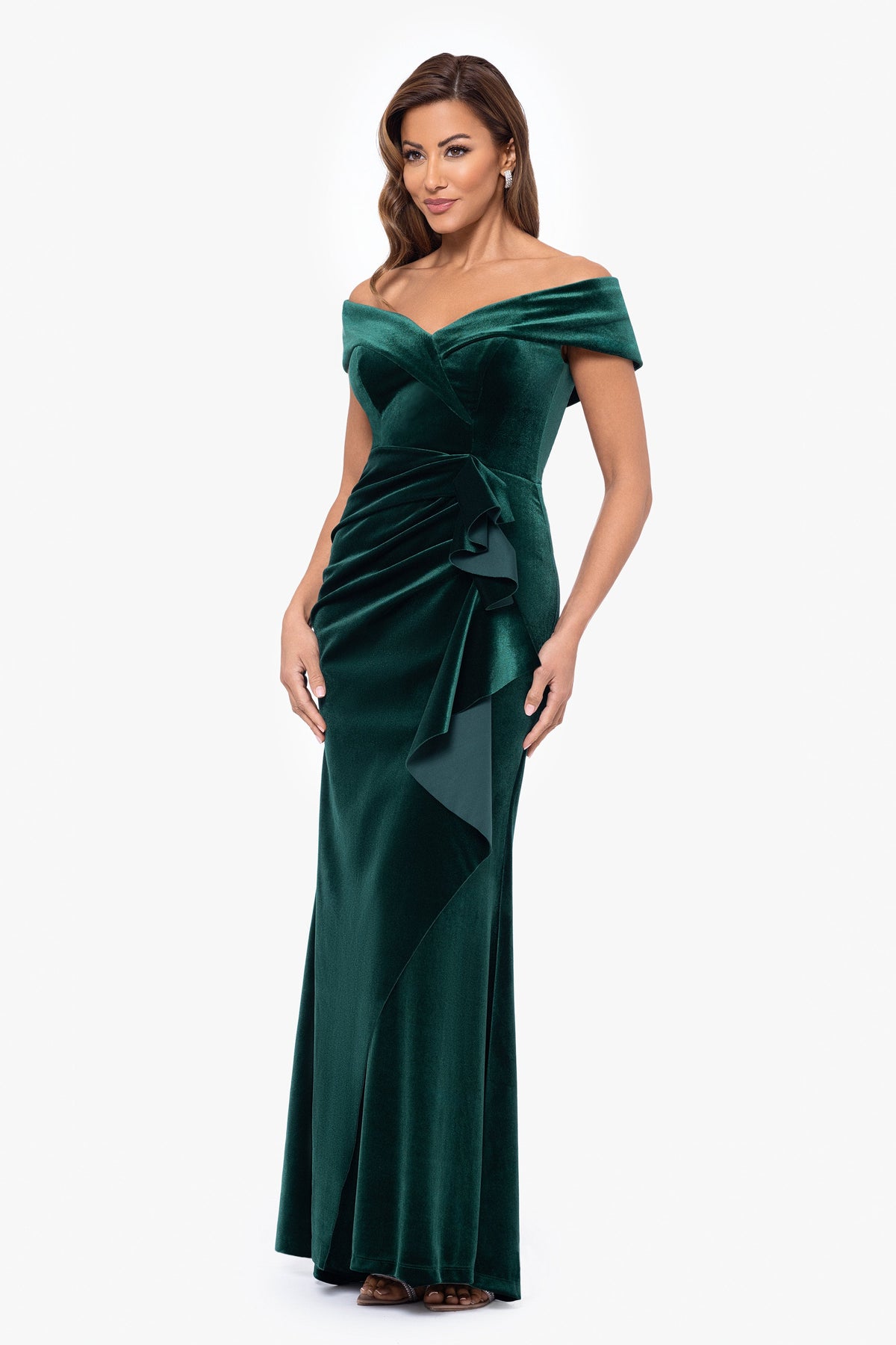 Petite "Alana" Long Off The Shoulder Velvet Ruffle Dress Hunter