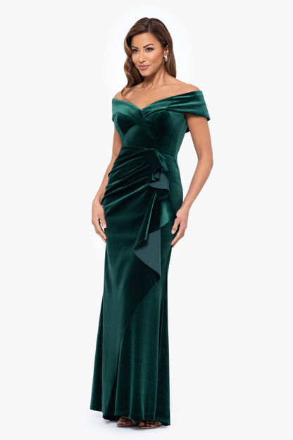 Petite "Alana" Long Off The Shoulder Velvet Ruffle Dress Hunter