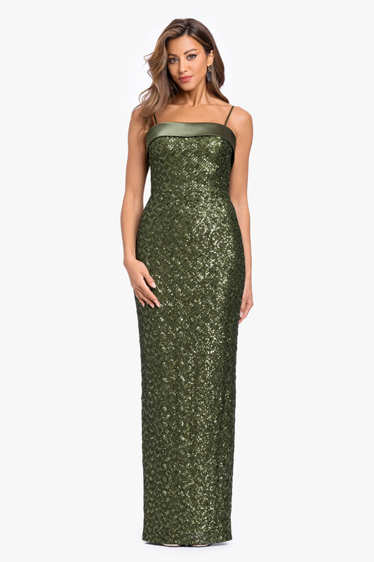 "Gloriana" Sequin Spaghetti Satin Combo Dress Olive
