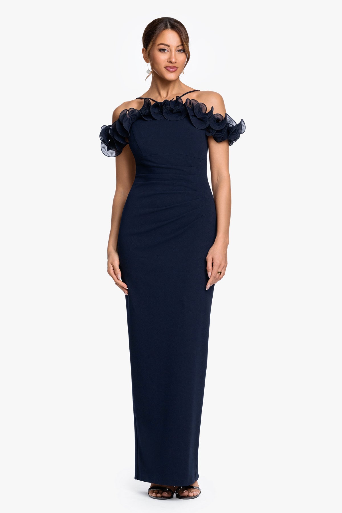 "Luna" Scuba Crepe & Chiffon Ruffle Dress Navy