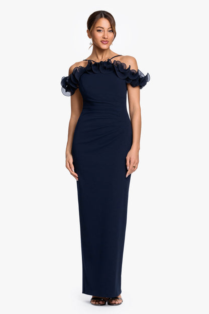 "Luna" Scuba Crepe & Chiffon Ruffle Dress Navy