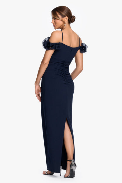 "Luna" Scuba Crepe & Chiffon Ruffle Dress Navy