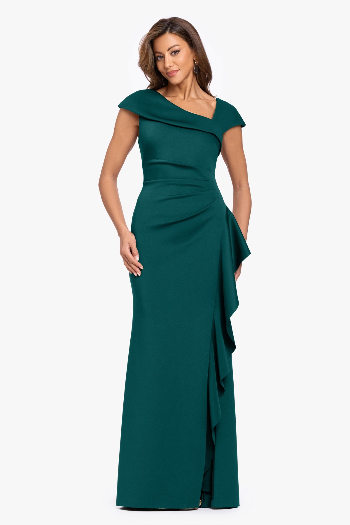 "Rory" Techno Scuba Asymmetrical Side Ruffle Dress Hunter