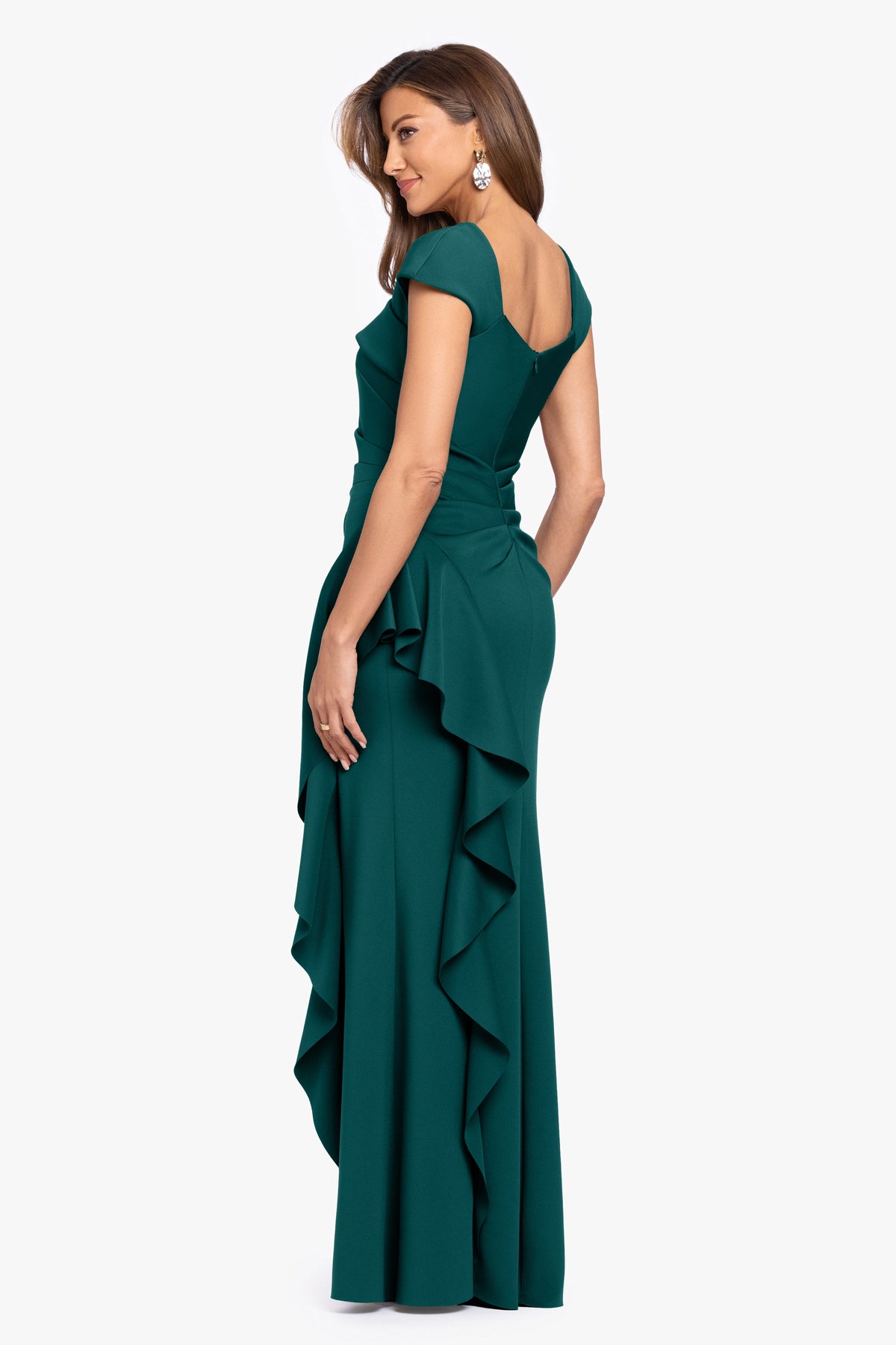 "Rory" Techno Scuba Asymmetrical Side Ruffle Dress Hunter
