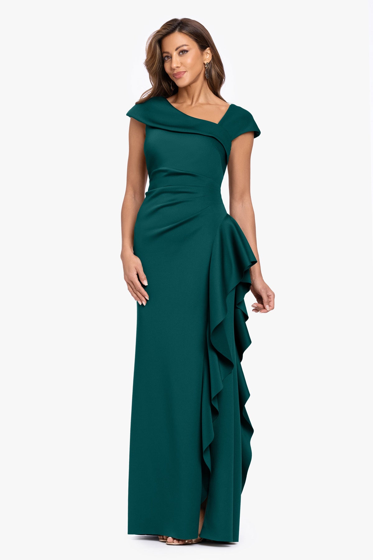 "Rory" Techno Scuba Asymmetrical Side Ruffle Dress Hunter